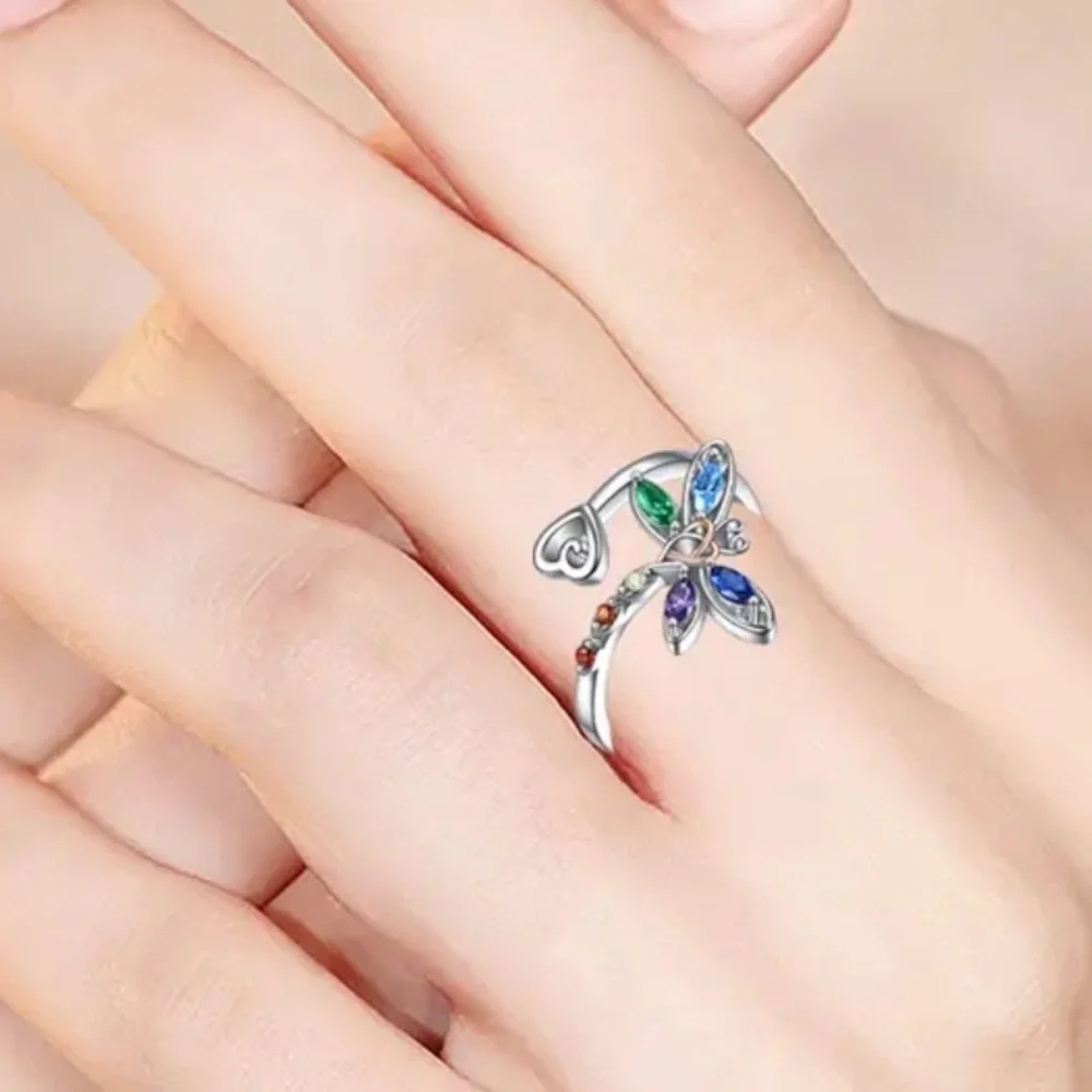 Dragonfly and Heart Ring silver Tone with Multicolored Rhinestones Adjus…